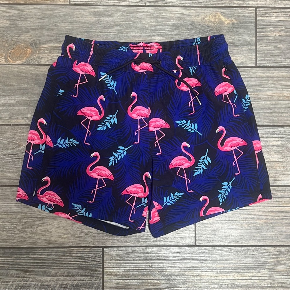 BRISIRA Mens 28 / XS Swim Trunks Flamingos Elastic Waistband Compression Liner